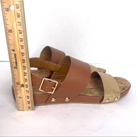 Restricted Gold and Brown Two Strap Open Toe Studded Buckle Sandal Shoes Size 6 - Picture 7 of 12